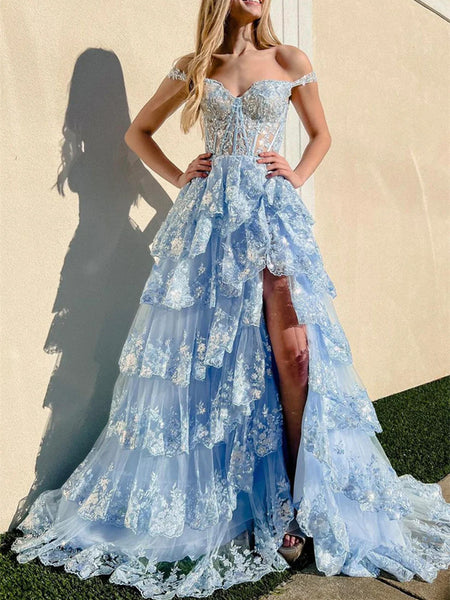 Blue Tulle Lace Long Prom Dress, Off the Shoulder Evening Dress Party Dress