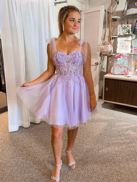 Sweetheart Neck Purple Lace Prom Dresses, Lilac Lace Homecoming Dresses, Short Purple Formal Evening Dresses