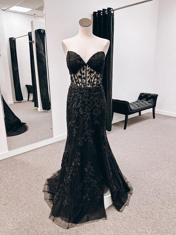 Strapless Mermaid Black Lace Long Prom Dresses with High Slit, Black Lace Formal Dresses, Black Evening Dresses