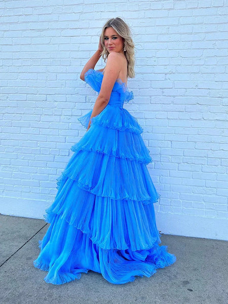 Strapless Blue Layered High Low Long Prom Dresses, Blue Layered High Low Long Formal Evening Dresses