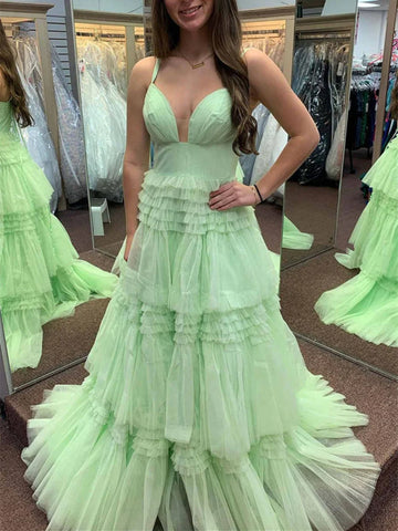 V Neck Open Back Green Layered Long Prom Dresses, V Neck Green Formal Evening Dresses