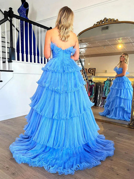 Strapless Blue Layered High Low Long Prom Dresses, Blue Layered High Low Long Formal Evening Dresses