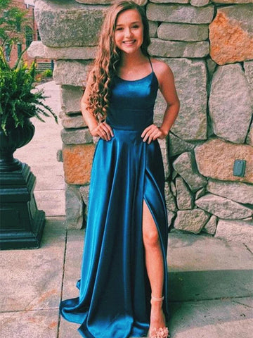 A Line Teal Blue Satin Long Prom Dresses With High Slit,  Teal Blue Long Formal Evening Graduation Dresses