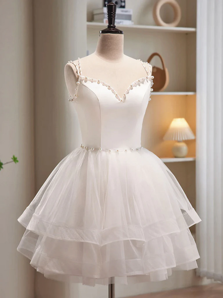 White  V Neck Short Tulle Prom Dresses, Short White Tulle Homecoming Graduation Dresses