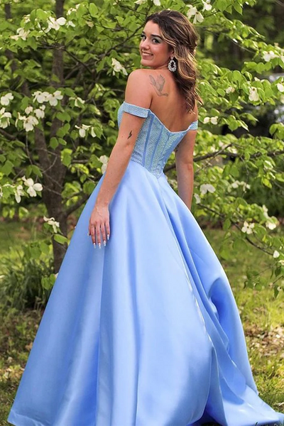 Off Shoulder Light Blue Satin Long Prom Dresses,   Off The Shoulder Satin Light Blue Formal Evening Dresses