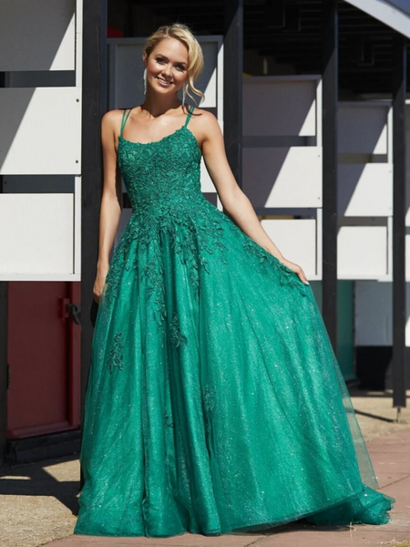 Shiny A Line Green Lace Long Prom Dresses, Green Lace Long Formal Evening Dresses