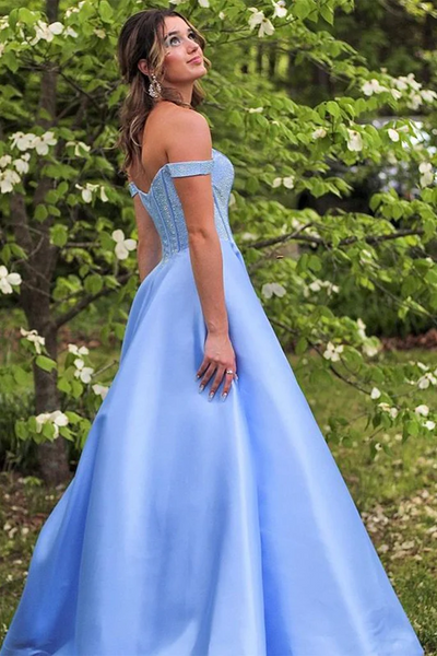 Off Shoulder Light Blue Satin Long Prom Dresses,   Off The Shoulder Satin Light Blue Formal Evening Dresses