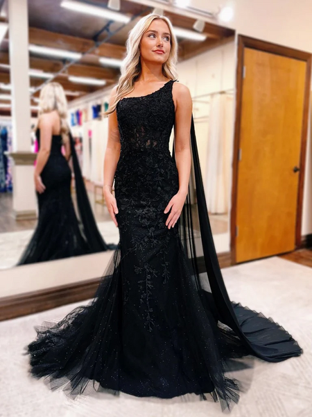 Black One Shoulder Mermaid Lace  Prom Dresses, One Shoulder Mermaid Lace Black Formal Evening Graduation Dresses