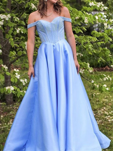 Off Shoulder Light Blue Satin Long Prom Dresses,   Off The Shoulder Satin Light Blue Formal Evening Dresses