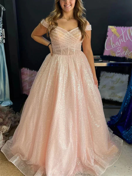 Shiny Off Shoulder Pink/White Long Prom Dresses, Off the Shoulder Pink/White Formal Evening Graduation Dresses