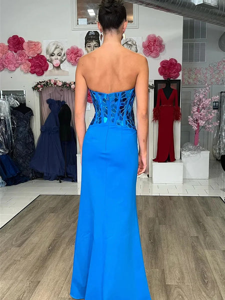 Strapless Blue Red Mermaid Long Prom Dresses With Leg Slit,  Blue Red Mermaid Long Formal Evening Dresses