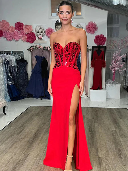 Strapless Blue Red Mermaid Long Prom Dresses With Leg Slit,  Blue Red Mermaid Long Formal Evening Dresses