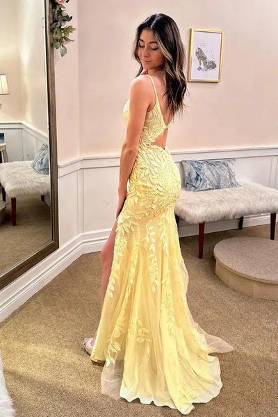 V Neck Yellow Lace Mermaid  Long Prom Dresses with Leg Slit, Mermaid Yellow Lace Long Formal Evening Dresses