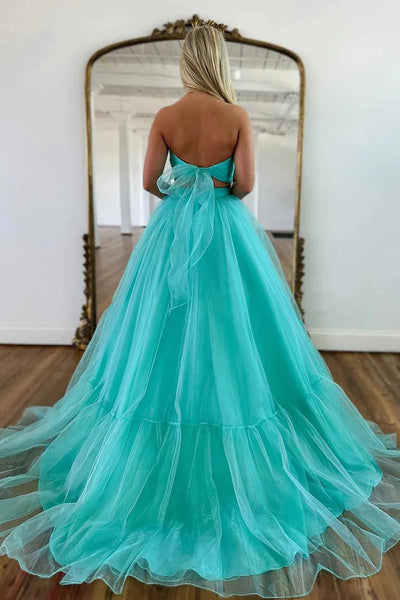 Two Pieces Mint Green Tulle Long Prom Dresses., Unique Tulle Green Formal Evening Dresses