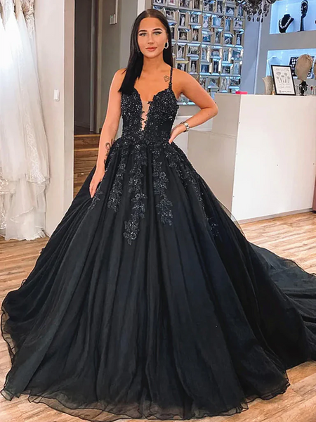 V Neck Black Lace Long Prom Dresses, V Neck Black Long Lace Formal Evening Dresses