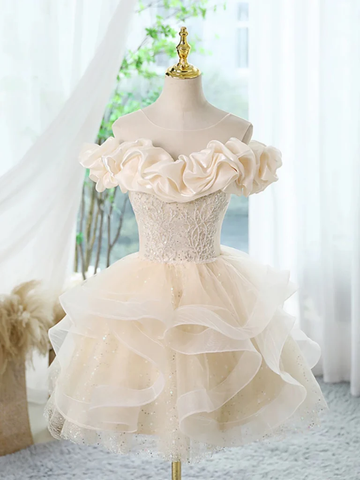Off the Shoulder Short Champagne Beaded  Prom Dresses, Short Off Shoulder Champagne Formal Evening Homecoming Dresses