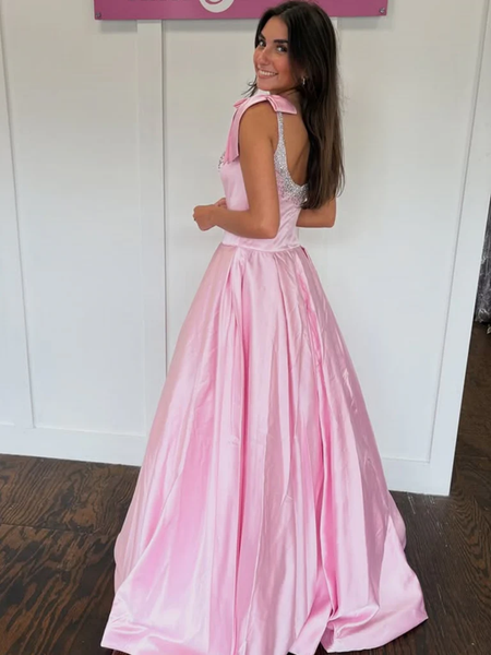 A Line Square Neck Beaded Pink Satin Long Prom Dresses, Long Pink Formal Graduation Evening Dresses
