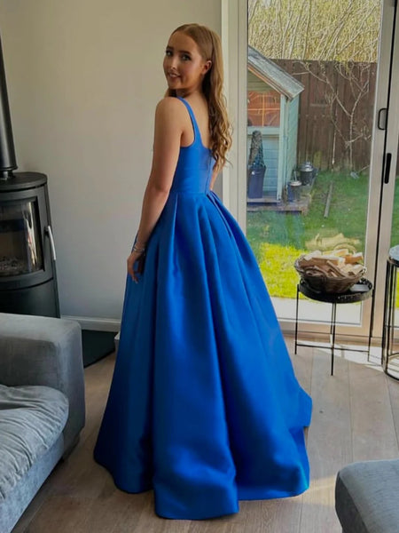 A Line Square Neck Open Back Royal Blue Long Prom Dresses, Royal Blue Backless Satin Formal  Evening Graduation Dresses