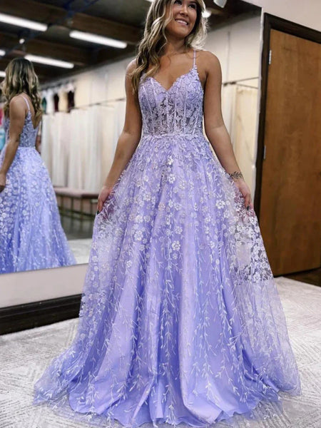 A Line V Neck Lilac/Gold Lace Floral Long Prom Dresses, Purple/Gold Lace Tulle Long Formal Graduation Evening Dresses