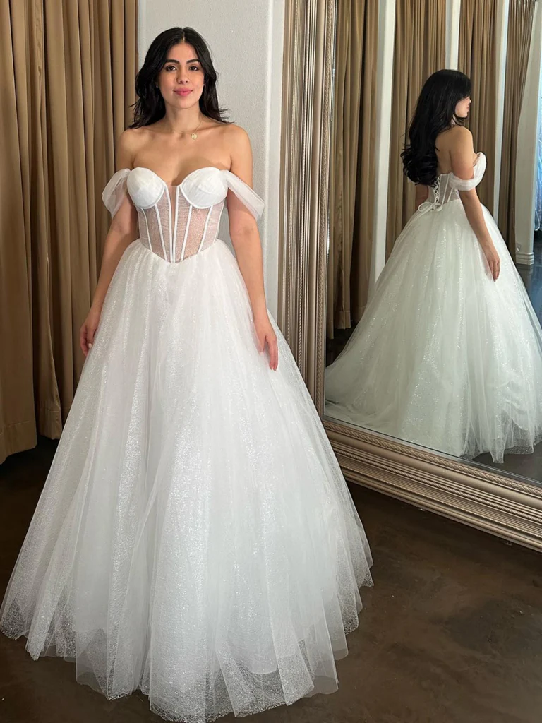 Off the Shoulder Shiny Tulle White Long Prom Dresses, Long Off  Shoulder White Formal  Evening Graduation Dresses