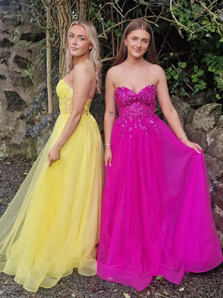 Sequins Fuchsia/Yellow Lace Long Prom Dresses, Strapless Fuchsia/Yellow Lace Formal  Evening Graduation Dresses