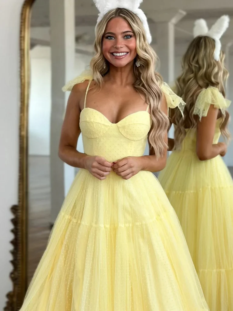 A Line Sweetheart Neck Yellow Tulle Long Prom Dresses, Yellow Tulle Long Formal Evening Dresses