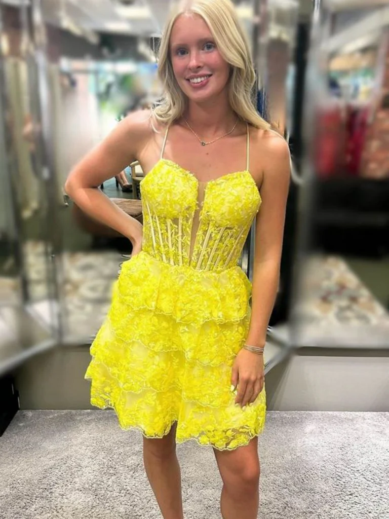 A Line V Neck Yellow Lace Short Layered  Prom Homecoming Dresses, Yellow Lace ShortFormal  Evening Graduation Dresses