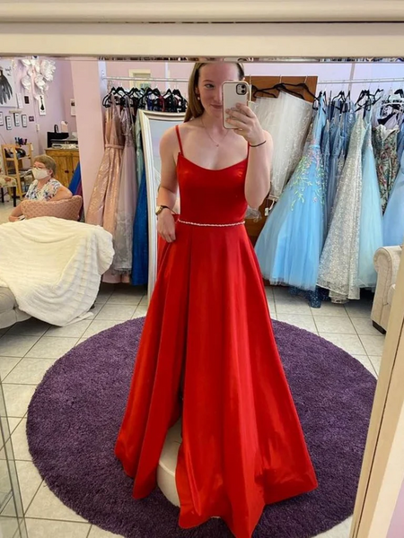 Spaghetti Straps Red Long Prom Dresses with Leg Slit, A Line Red Satin Long Formal Evening Graduation Dresses