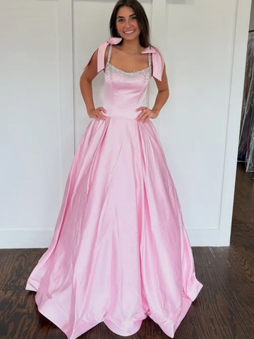 A Line Square Neck Beaded Pink Satin Long Prom Dresses, Long Pink Formal Graduation Evening Dresses
