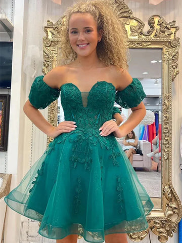 Off The Shoulder Sweetheart Neck Green Lace Prom Dresses, Off Shoulder Short Green Lace Formal Evening Homecoming Dresses