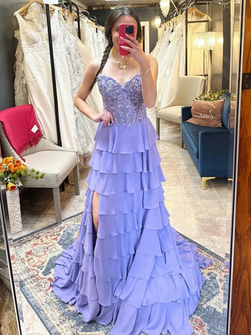 Sweetheart Neck Purple Beaded Long Prom Dresses, Sweetheart Neck Purple Beaded Long Formal Evening Dresses