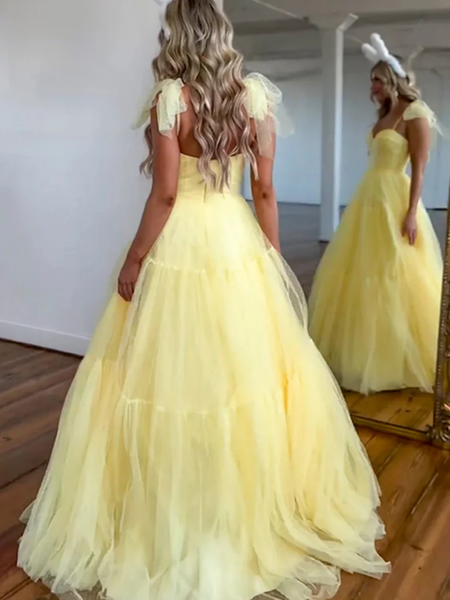 A Line Sweetheart Neck Yellow Tulle Long Prom Dresses, Yellow Tulle Long Formal Evening Dresses