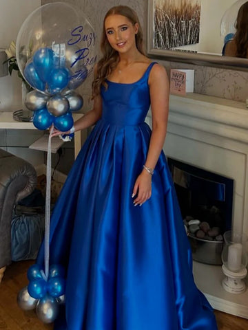 A Line Square Neck Open Back Royal Blue Long Prom Dresses, Royal Blue Backless Satin Formal  Evening Graduation Dresses