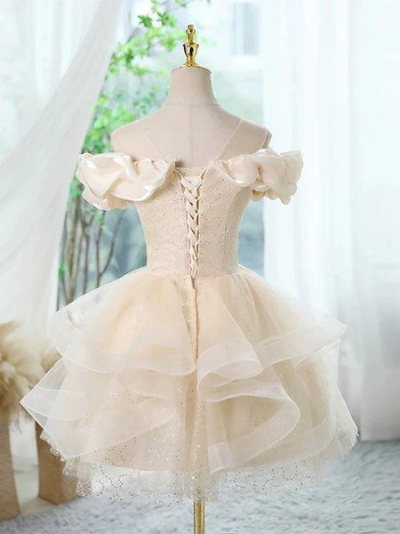 Off the Shoulder Short Champagne Beaded  Prom Dresses, Short Off Shoulder Champagne Formal Evening Homecoming Dresses
