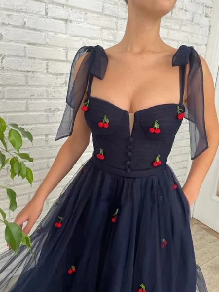 Navy Blue Tea Length Tulle Prom Dresses with Appliques, Navy Blue Floral Formal Evening Dresses