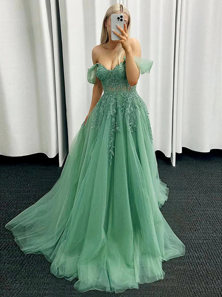 A Line Off The Shoulder Green Tulle Long Prom Dresses, Off Shoulder Green Lace Long Formal Evening Dresses