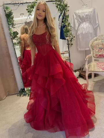 A Line Backless Burgundy Tulle Long Prom Dresses, Wine Red  Tulle Long Formal Graduation Dresses