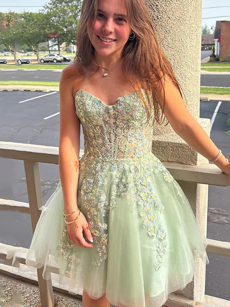 A Line Sage Lace Short Prom Dresses, Short Sage Lace Formal Evening Homecoming Dresses