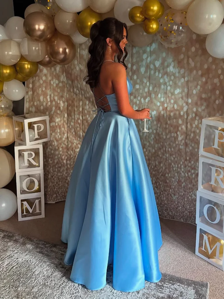 A Line V Neck Open Back Light Blue Satin Long Prom Dresses, Light Blue Backless Formal Graduation Evening Dresses