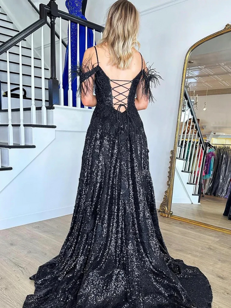 Off Shoulder Black Lace Prom Dresses, Off the Shoulder Black Lace Sequins Formal Evening Dresses