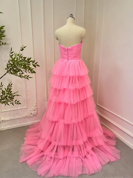 Pink Tulle Strapless Layered Long Prom Dresses, Strapless Layered Pink Tulle Formal Evening Dresses