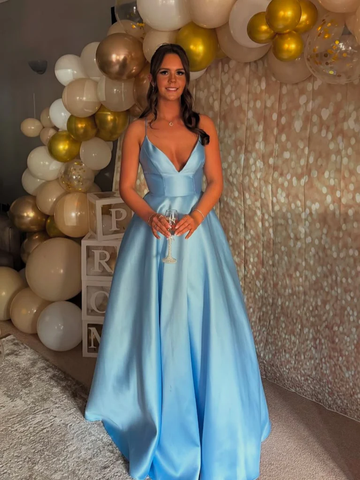 A Line V Neck Open Back Light Blue Satin Long Prom Dresses, Light Blue Backless Formal Graduation Evening Dresses