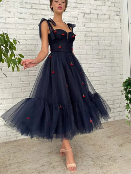 Navy Blue Tea Length Tulle Prom Dresses with Appliques, Navy Blue Floral Formal Evening Dresses