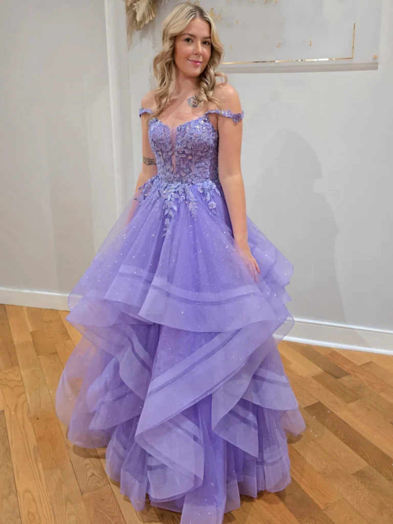 Off The Shoulder Fluffy Lilac Lace Long Prom Dresses,  Purple Lace Off Shoulder Formal Evening Dresses