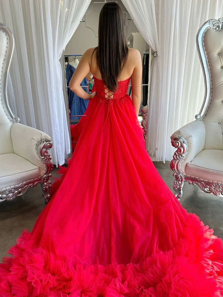 Red  Ruffle Long Lace Prom Dresses, Ruffle Long Lace Formal Evening Dresses