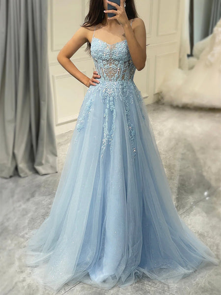 Blue Lace Prom Dresses, Light Blue Appliqued Floral Formal Evening Dresses