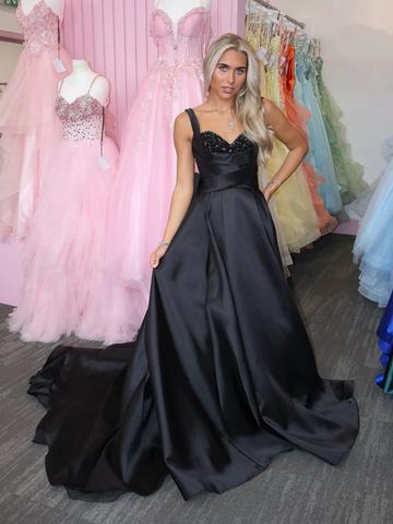 A Line Sweetheart Neck Black Satin Long Prom Dresses with Sequins, Long Black Formal Graduation Evening Dresses