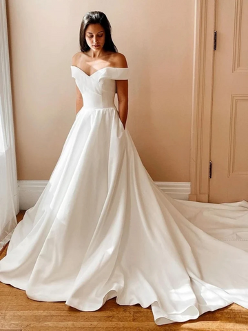 Off the Shoulder White Satin Long Prom Dresses with Train,  White Off Shoulder Formal Evening Dresses