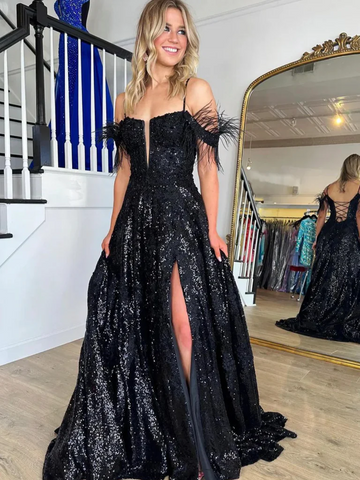 Off Shoulder Black Lace Prom Dresses, Off the Shoulder Black Lace Sequins Formal Evening Dresses