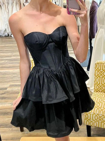 Sweetheart Neck Short  Strapless Black Satin Dresses, Layered Black Short Homecoming Formal Graduation Evening Dresses